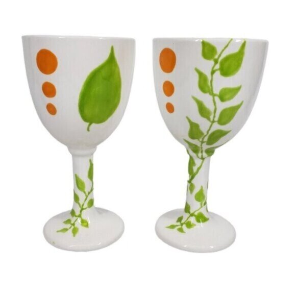 Hand Painted Ceramic Wine Glasses Goblets 12 oz White Glazed Botanical S… - Picture 13 of 13